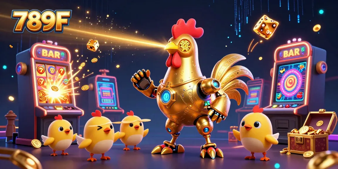 Engage in thrilling 789F casino games with golden rooster robot and exciting slot action.