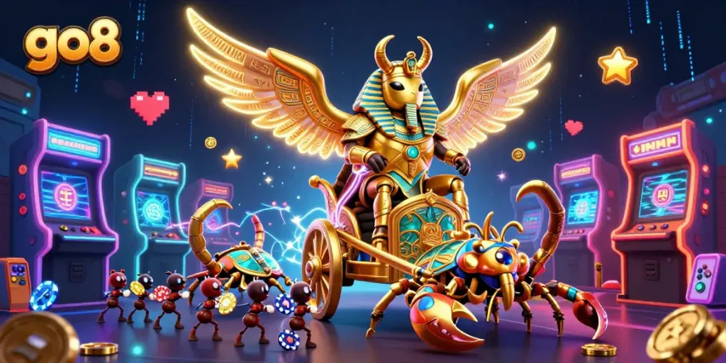 Engage in thrilling gameplay at go8 with a dynamic 3D illustration of a colossal golden beetle and casino elements