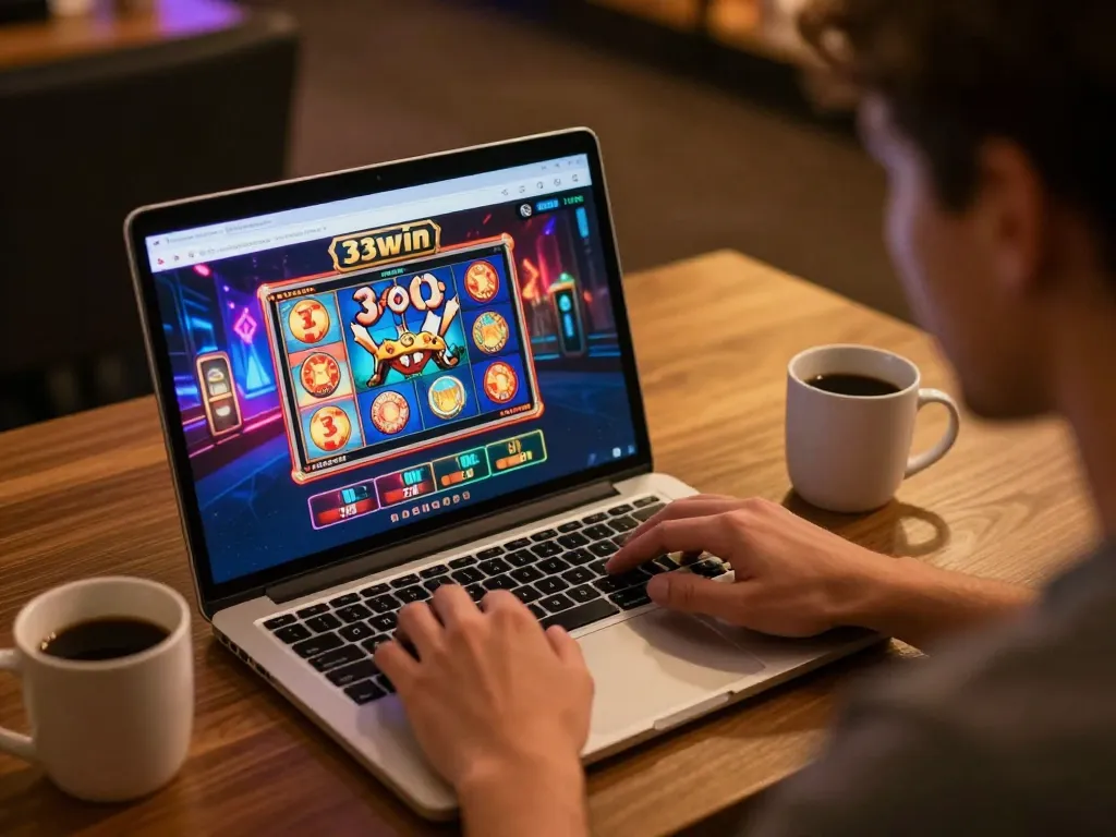 Engaging player experiencing strategic gameplay at 33win online casino platform on a laptop, showcasing vibrant graphics