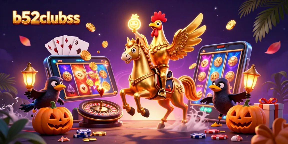 Join the excitement at b52clubss as golden rooster characters and gaming elements fill the midnight casino scene.