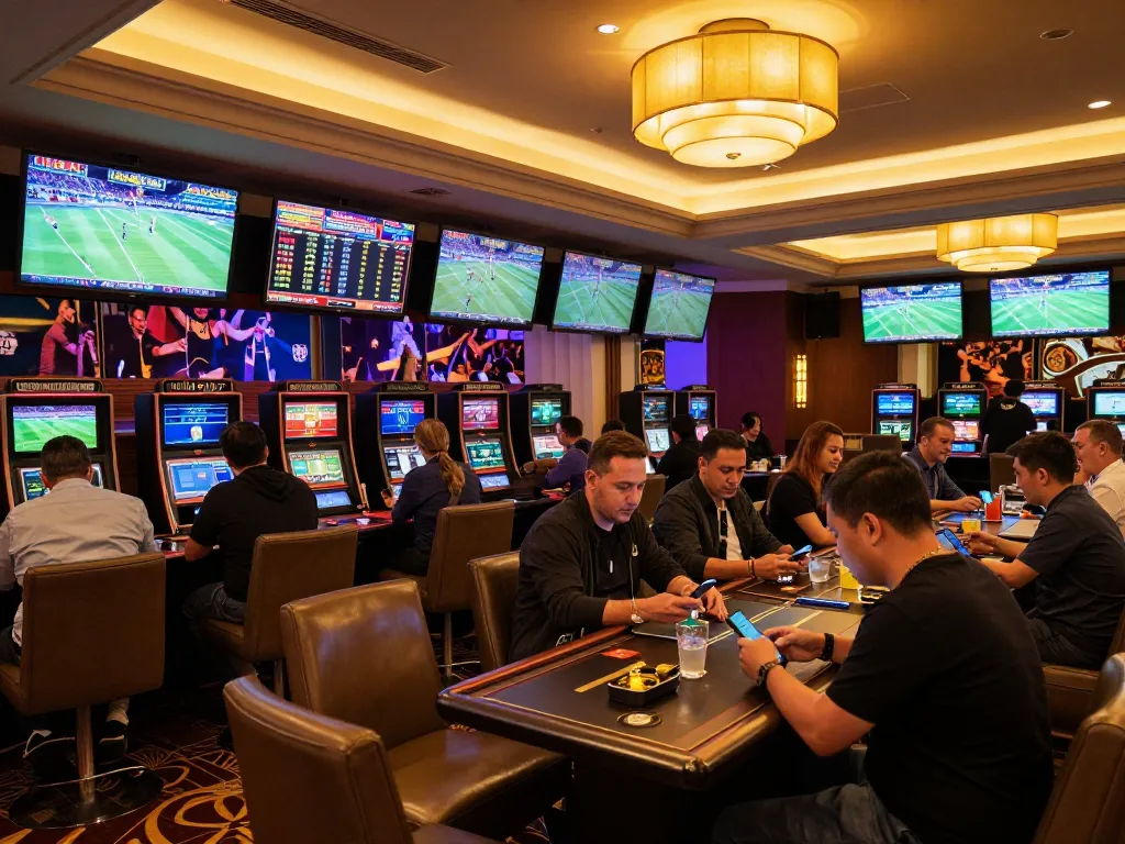 Engaged bettors analyzing odds at Fabet's upscale sports betting area, dynamic betting atmosphere captured.