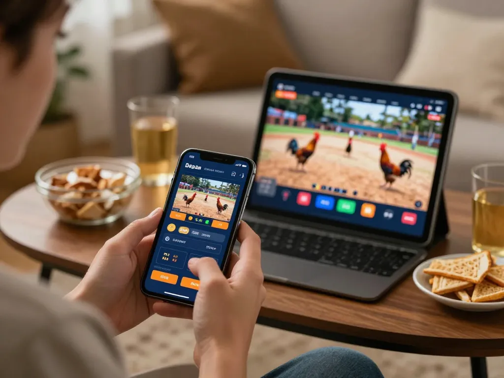 Daga players engaging in live betting through mobile apps during a cockfight match, illustrating a cozy home setup.