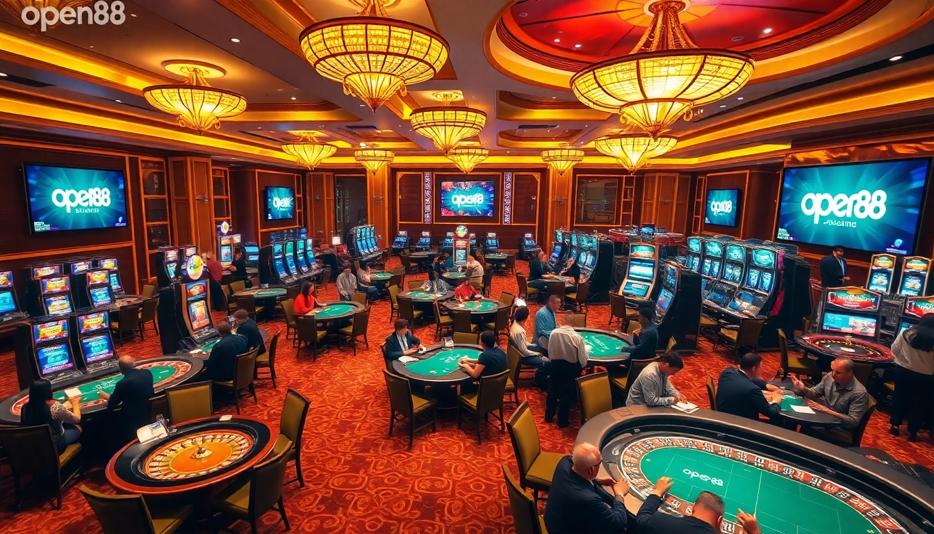 Experience the thrilling atmosphere of open88 casino with players enjoying blackjack, roulette, and slot machines.