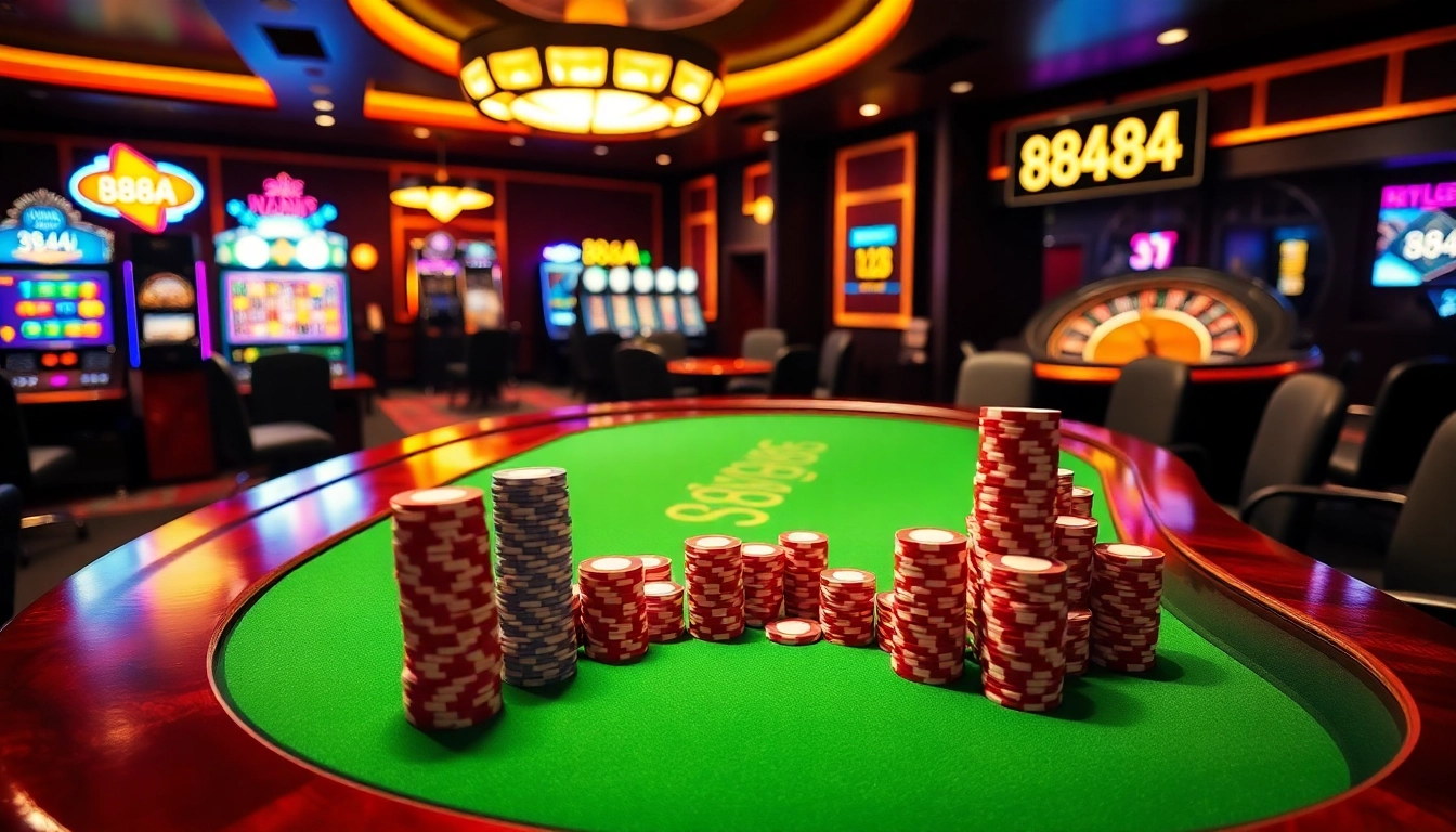 Engaging gameplay at 88AA, featuring a lively poker table and sparkling slot machines.