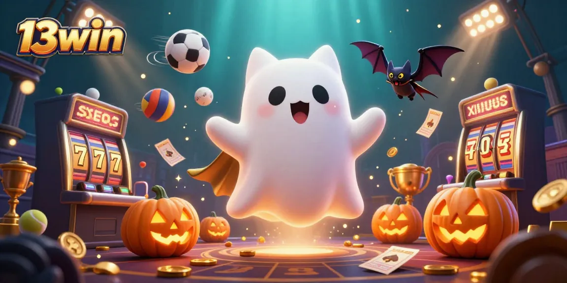 13win offers dynamic 3D engagement with floating characters amidst slot machines and animated casino elements.