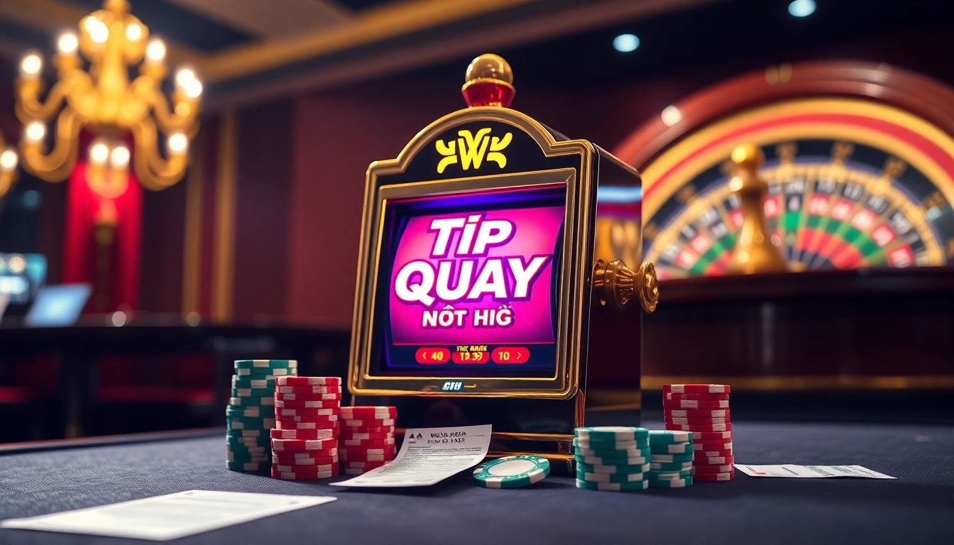 Spin the vibrant slot machine Tip Quay Nổ Hũ with poker chips and a sleek casino table.