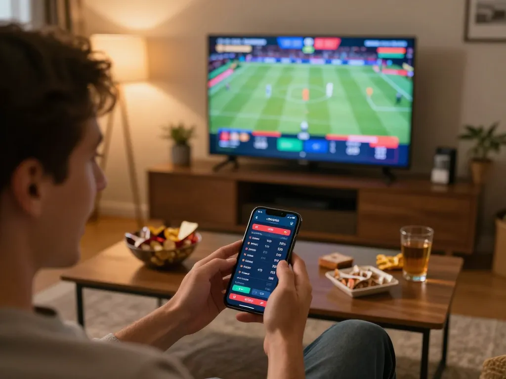 Engaging scene of a sports betting session with nhà cái luck8 application displayed on smartphone, emphasizing strategic decision-making.