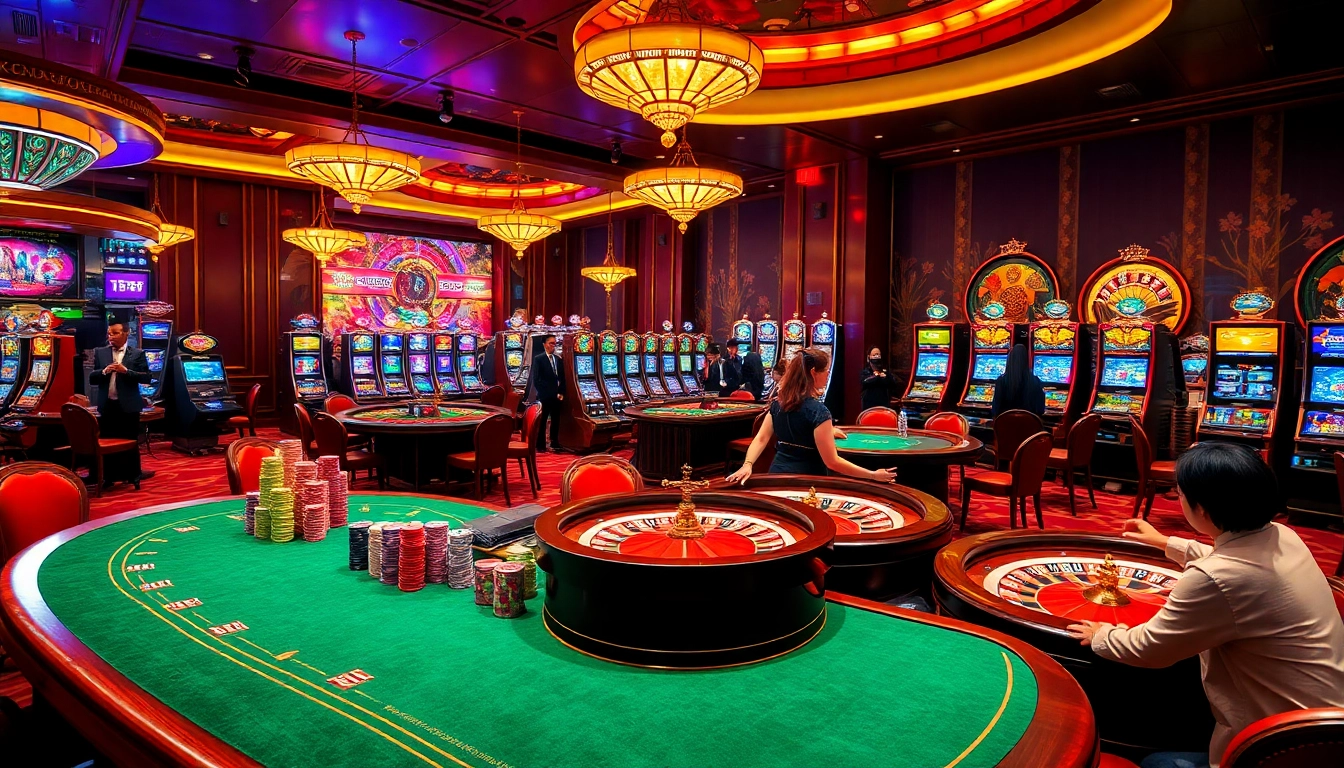 Scene showcasing Trang chủ okwin with dazzling casino tables and vibrant gambling excitement.