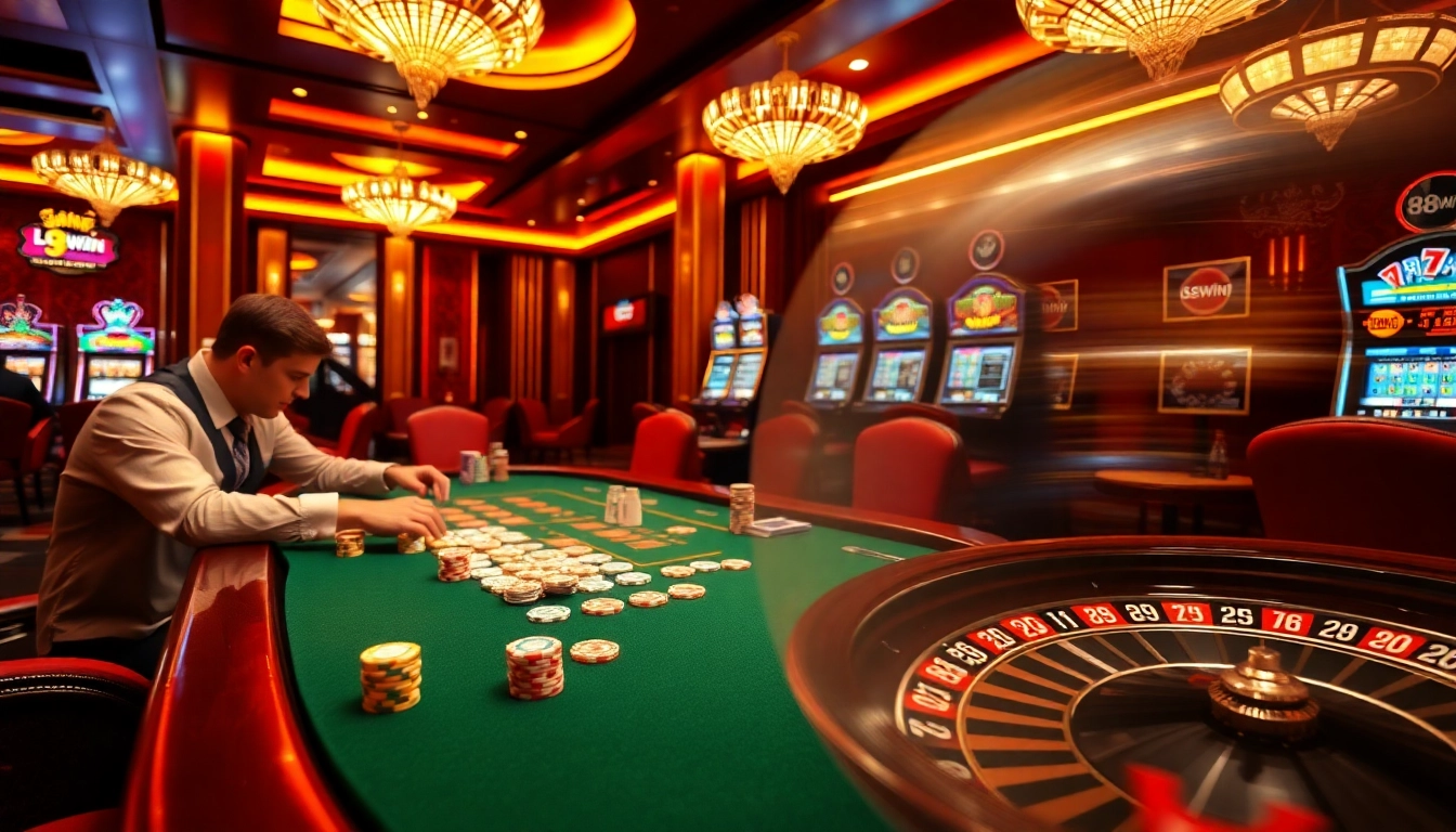 Experience the thrill of gambling at 98win's glamorous poker table with vibrant chips and cards.