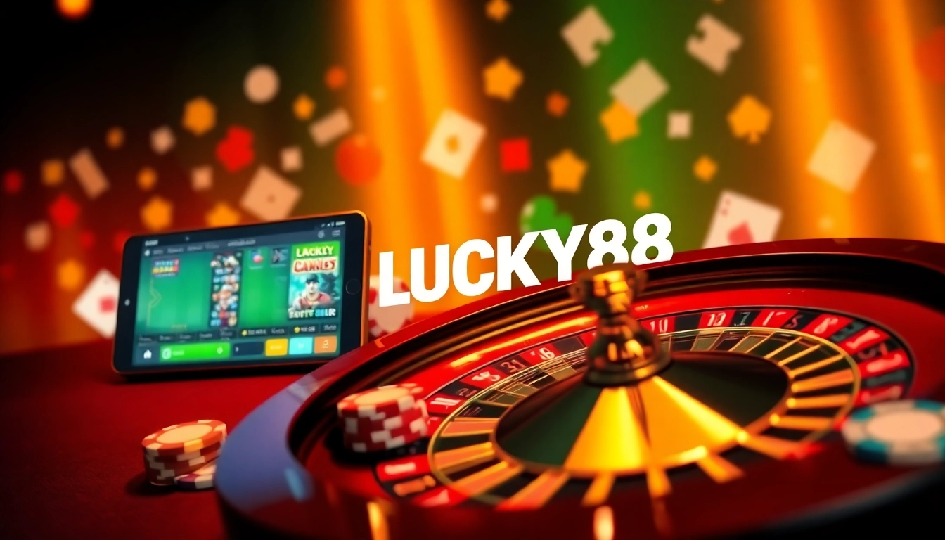LUCKY88 online betting interface showcasing luxury casino elements like roulette and poker chips.