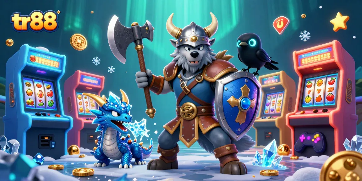 Experience exciting gaming adventures at tr88 featuring a dynamic Viking wolf and friends amidst vibrant casino elements.