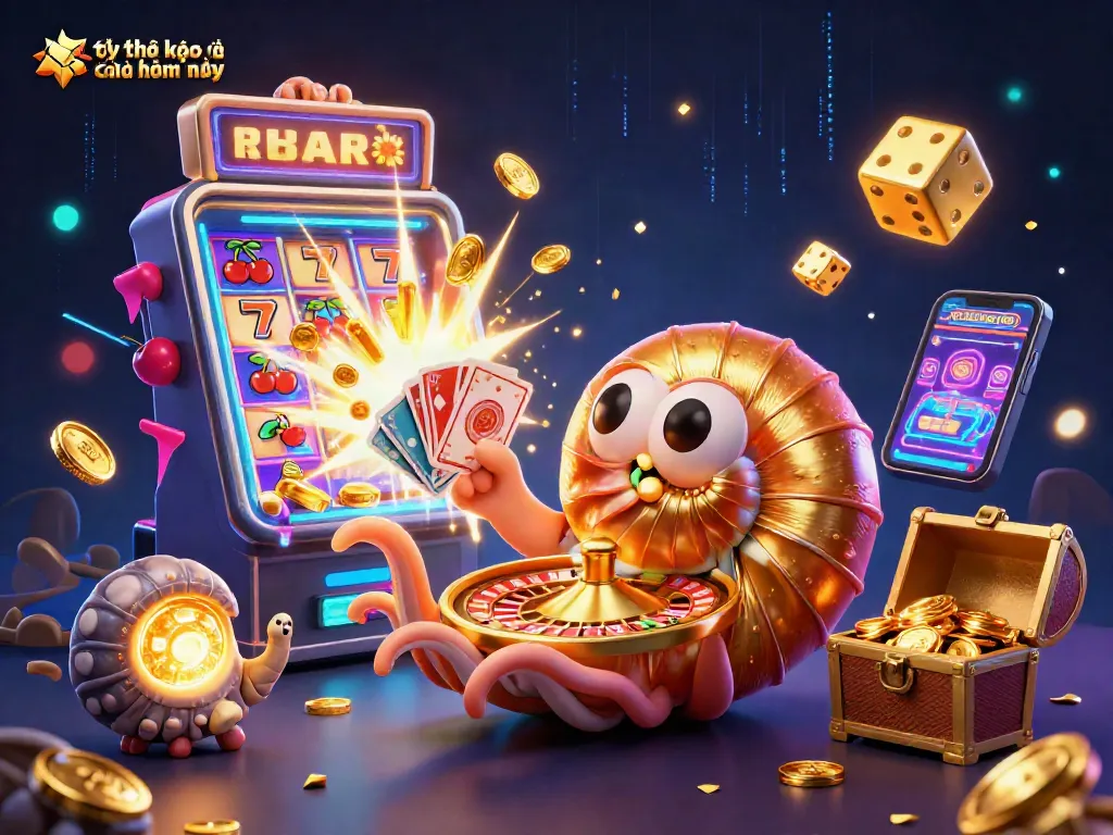 Tỷ lệ kèo nhà cái hôm nay showcased in a vibrant 3D casino illustration featuring a giant nautilus roulette wheel.