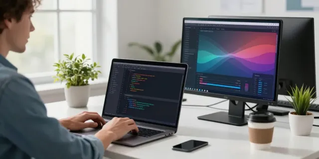 Developer utilizing instant indexing technology in a bright, modern workspace.