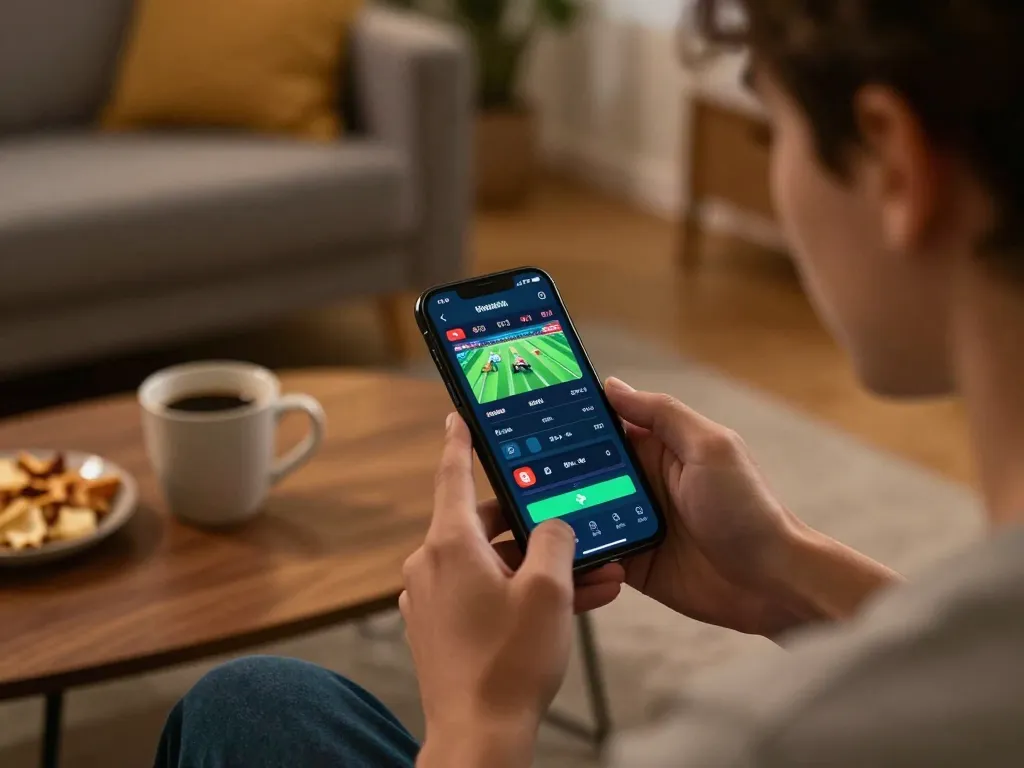 Engaging in nk88 sports betting on smartphone in cozy home setting with warm lighting