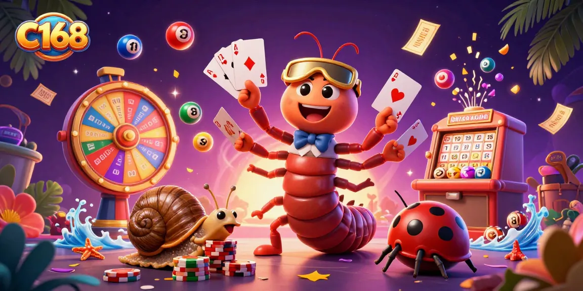 C168 invites playful betting adventures with a cartoon dealer, vibrant chips, and dynamic lottery elements.