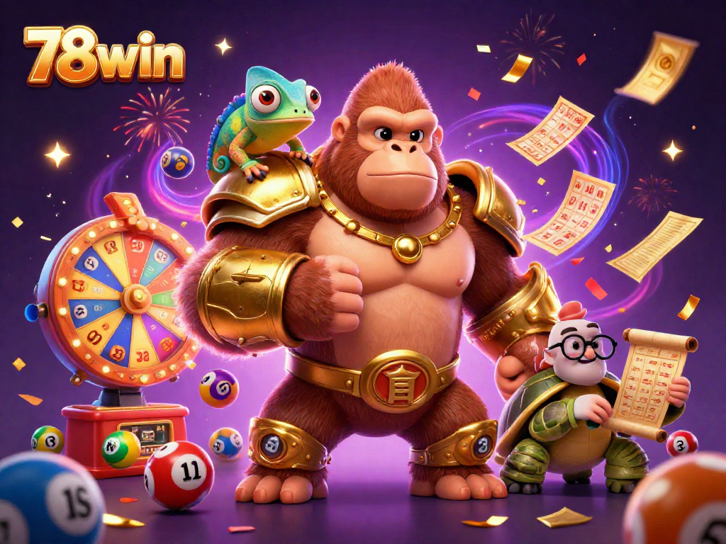78win showcases a gorilla king, a chameleon, and a tortoise in a vibrant casino scene, celebrating with dynamic lottery elements.