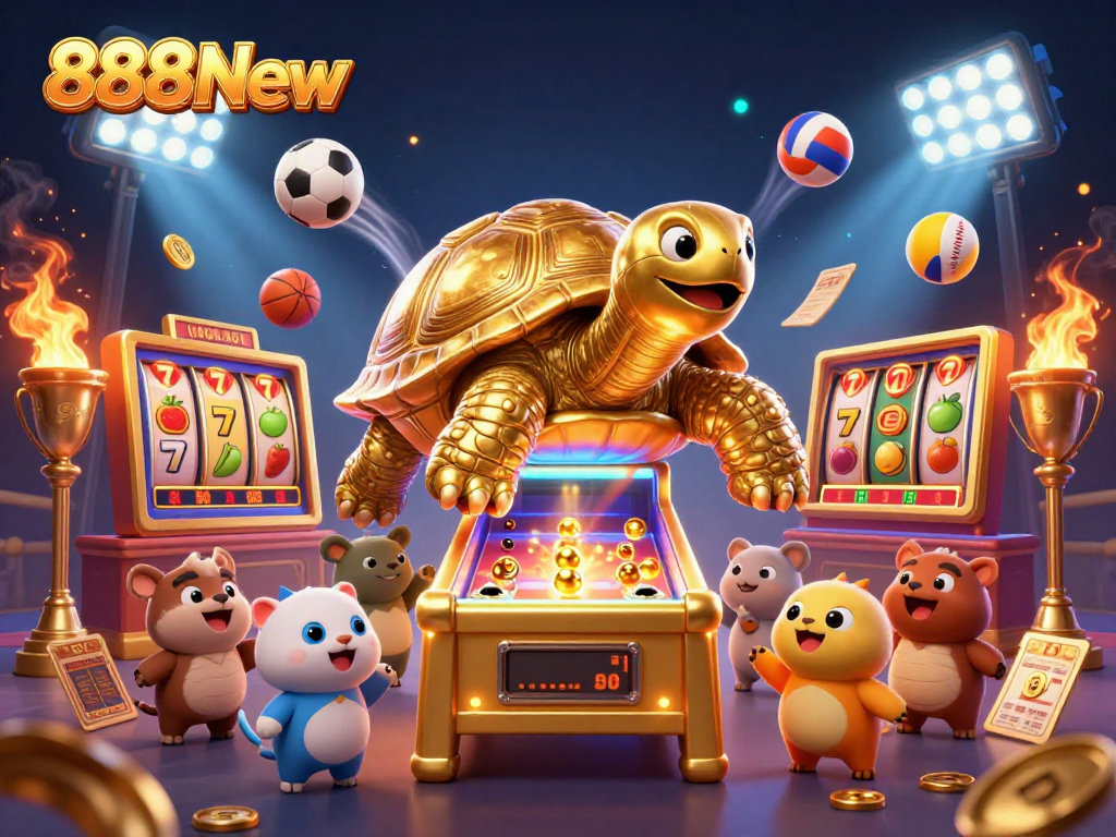 Experience the thrill of winning at 888New with golden tortoise and dynamic slot elements.