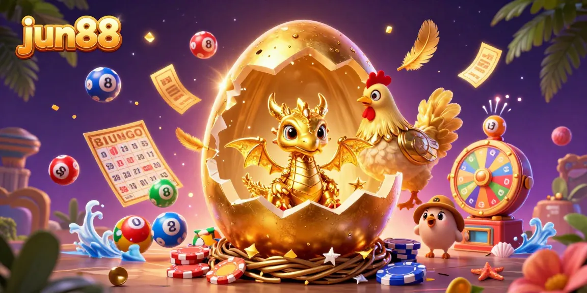 Experience the thrill of jun88 with a golden dragon and vibrant casino elements in this rich 3D illustration.