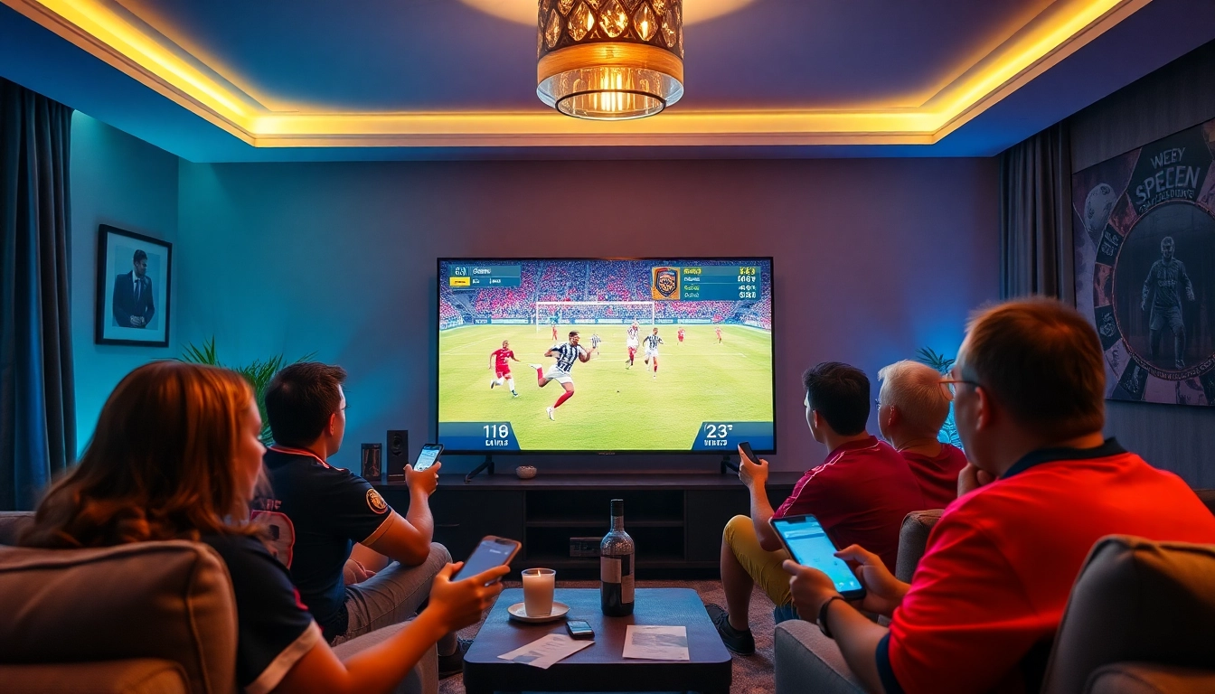 Engaging scene of friends watching a match on tylelekeo88 tv, capturing live betting excitement.