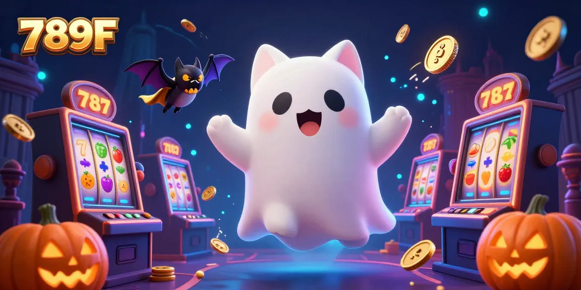 Experience the thrilling 789F casino adventure with our friendly ghost cat and vampire bat amid magical slot machines.