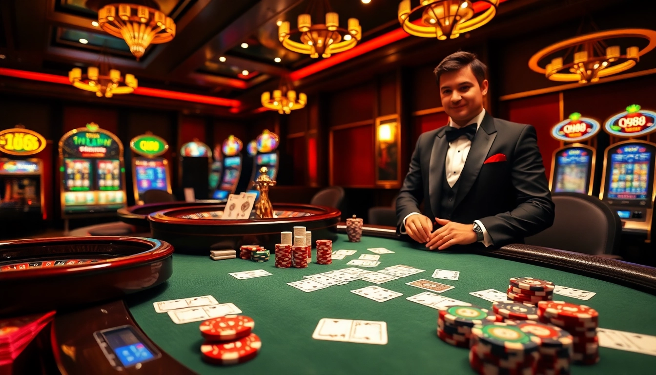Players enjoying an exciting game at qh88 casino with vibrant chips and cards.