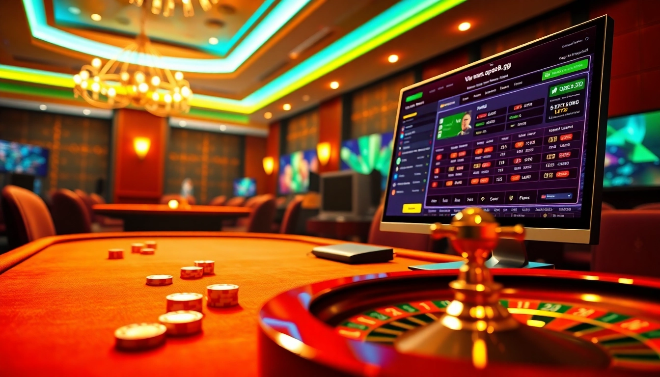 Experience thrilling gambling at open88.gg with a luxurious casino atmosphere featuring poker chips and a roulette wheel.