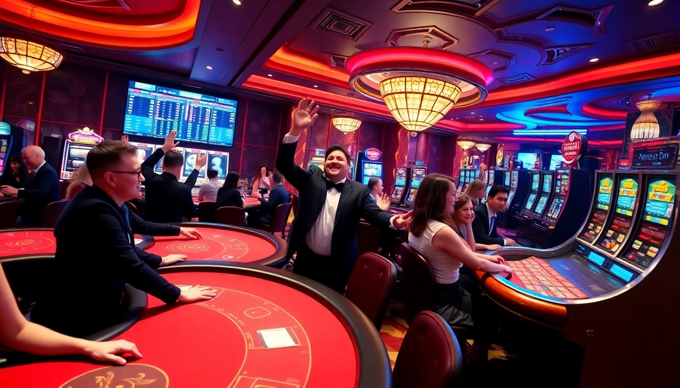 Online casino scene at 98win com featuring vibrant games and players celebrating wins.