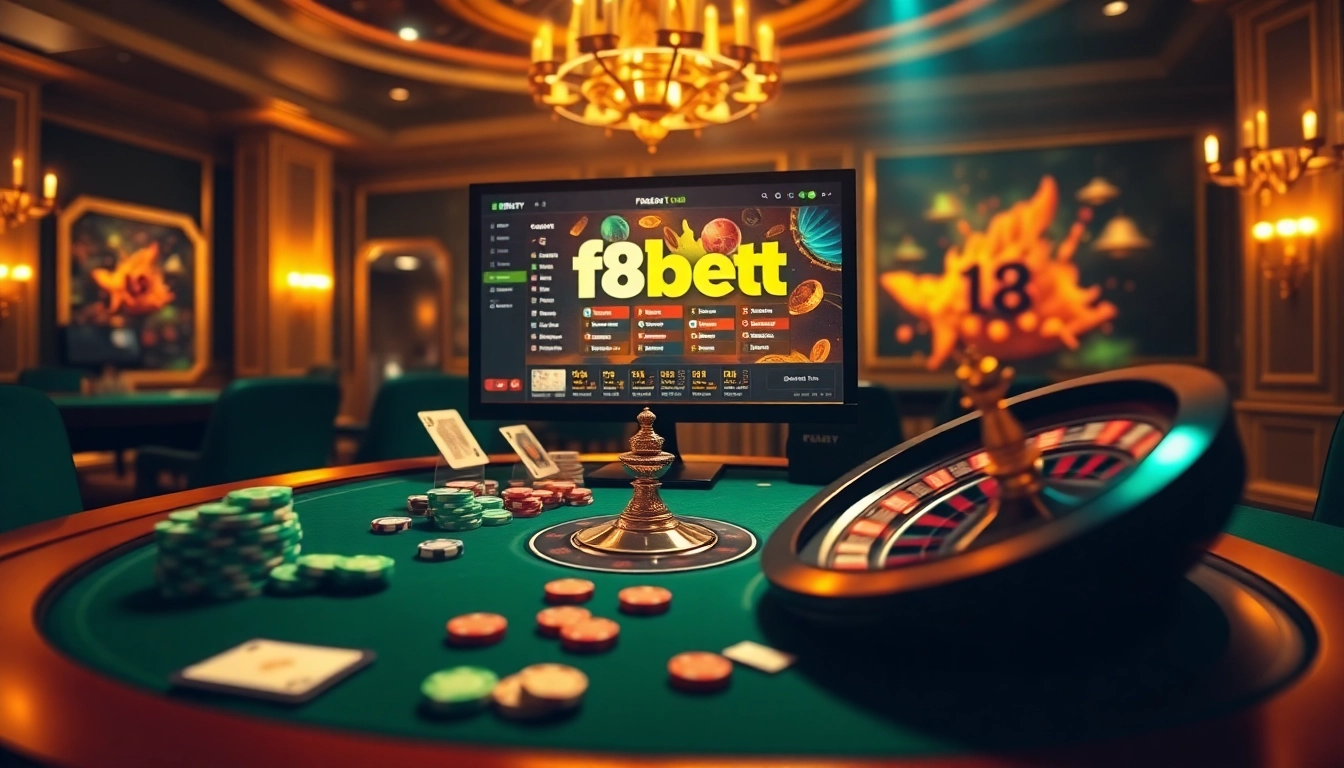 Players enjoy thrilling games at f8bet.io casino, showcasing poker chips and roulette excitement.