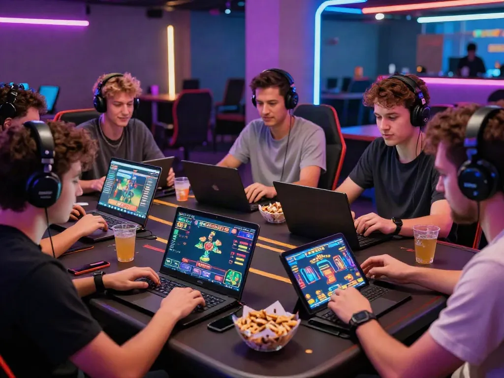 Engaged players enjoying games at https://c168slot2.com/ in a vibrant digital gaming lounge.