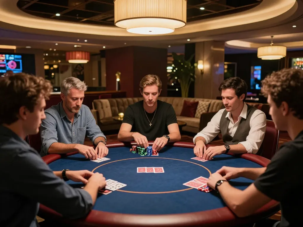 VIPWIN players engaging in an exciting poker game, showcasing their skills and expressions in a luxurious casino environment.