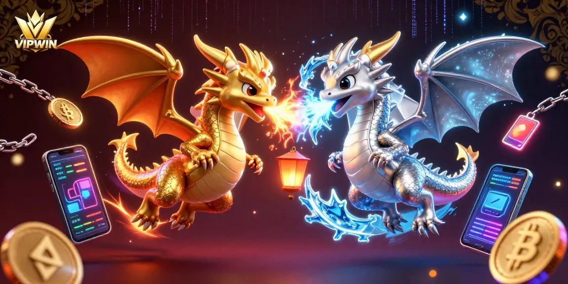 Experience thrilling gaming action at VIPWIN with iconic dragons and crypto elements glowing.