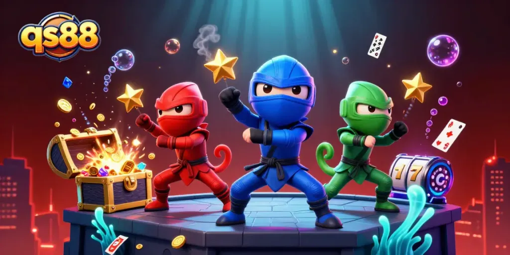 qs88 ninjas celebrate with gold coins and playing cards in a vibrant casino showdown