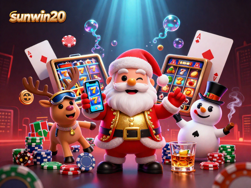 Win big with sunwin20 as Santa Claus and companions celebrate in a colorful casino.