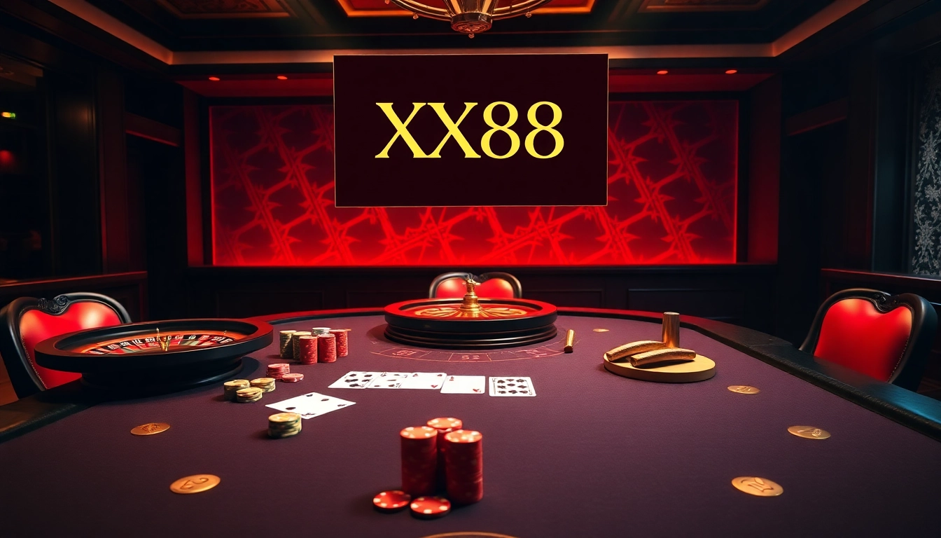 Experience thrilling gameplay at XX88 with an upscale casino atmosphere featuring poker and roulette.