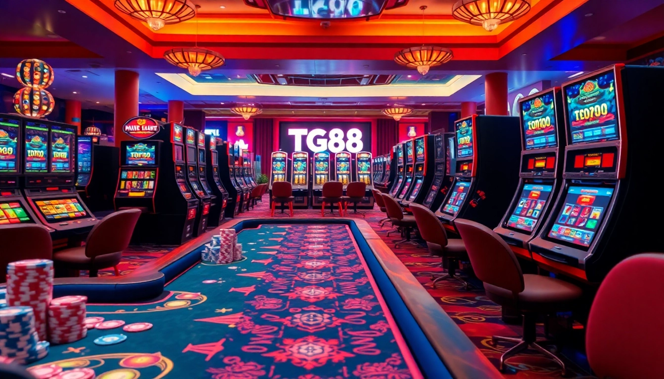 Exciting casino atmosphere with tg88 đăng nhập at colorful poker tables and slot machines.