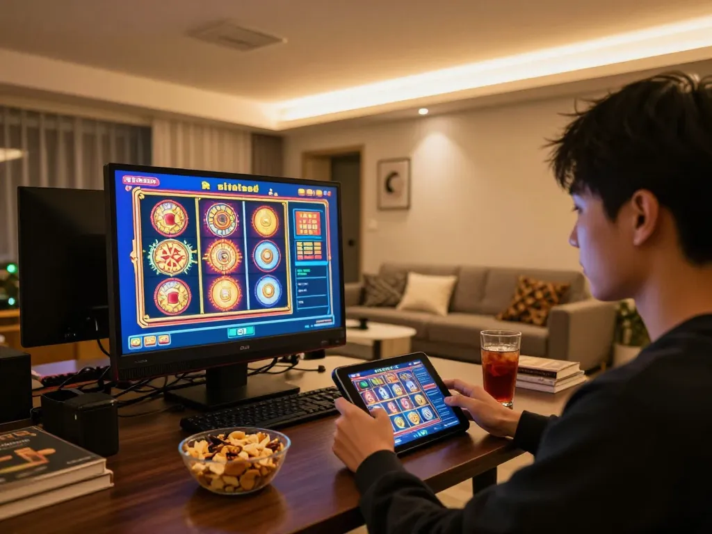 Engaging in slot games on the trang chủ lv88 interface, with vibrant graphics and a cozy home setting.