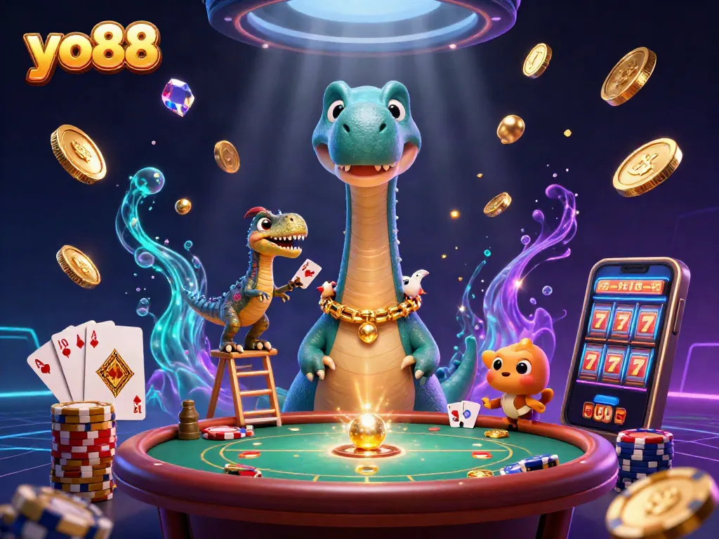 yo88 showcases a thrilling casino scene with a towering brontosaurus and dynamic card dealing action.