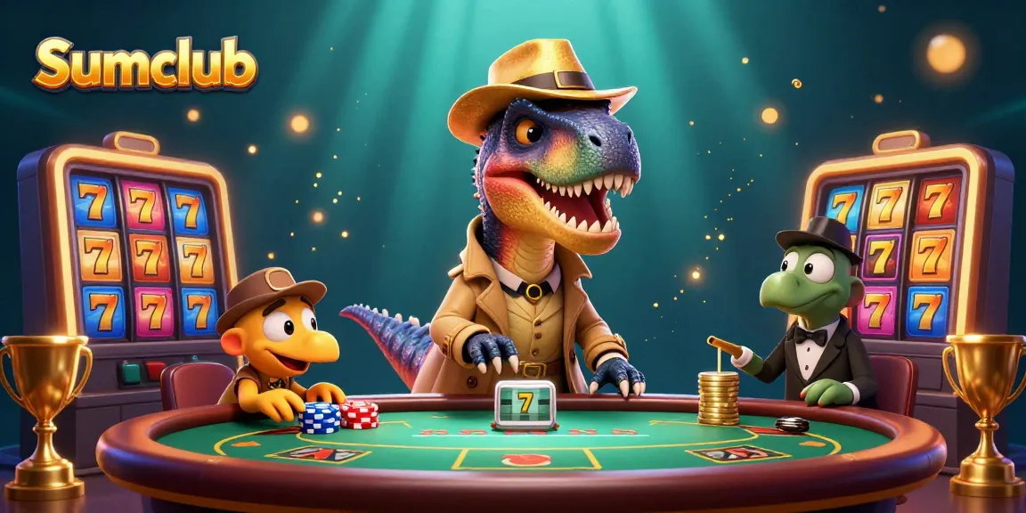 Experience thrilling Sumclub gaming with a velociraptor counter and stegosaurus pit boss at a vibrant casino scene.