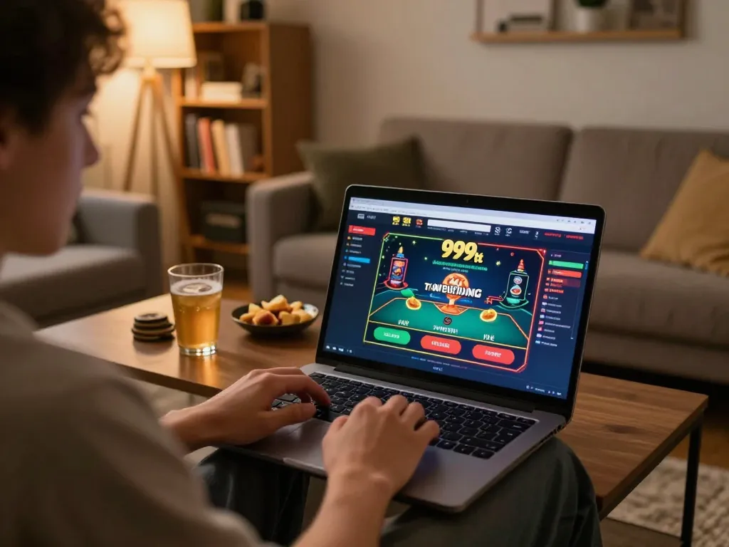 Player enjoying an online gaming session with 999bet interface on laptop screen