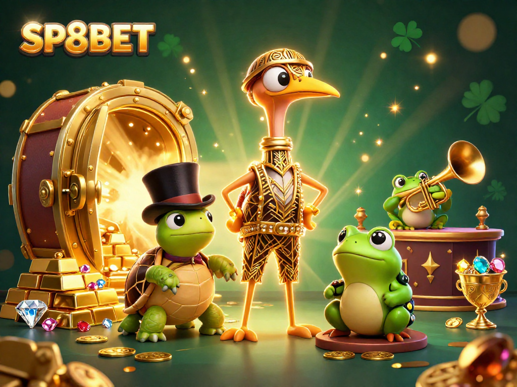 Experience thrilling gameplay with SP8BET's vibrant casino scene featuring engaging characters and sparkling treasures.