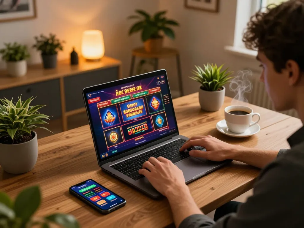 Engaging online player enjoying TR88 slots on a laptop, highlighting the interactive gaming experience.