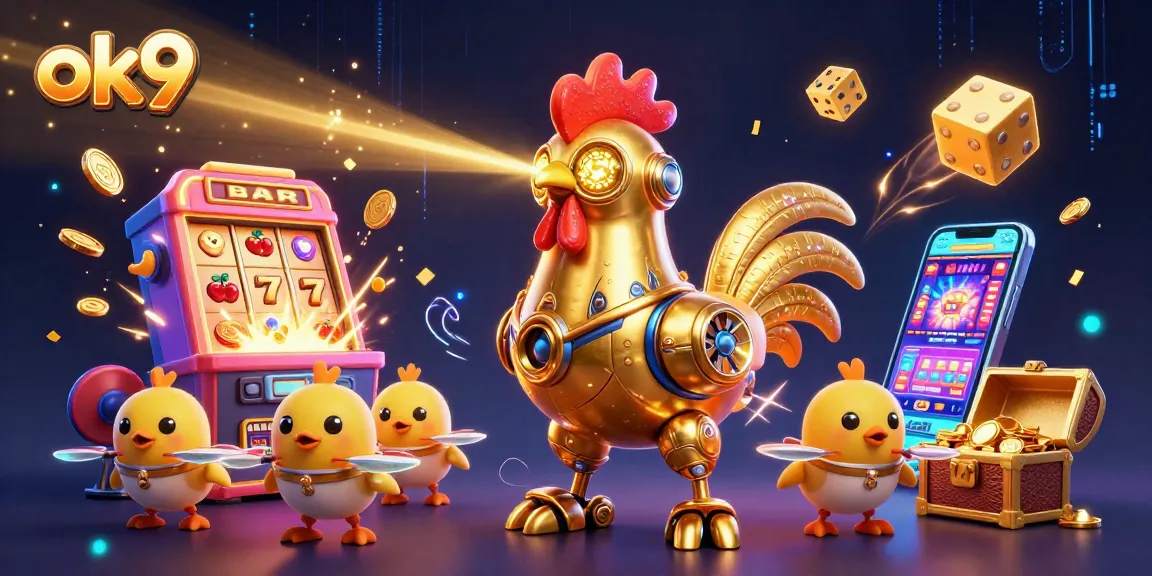 Engage in thrilling gameplay with ok9 as golden rooster robot and baby chick drones explode with casino excitement.