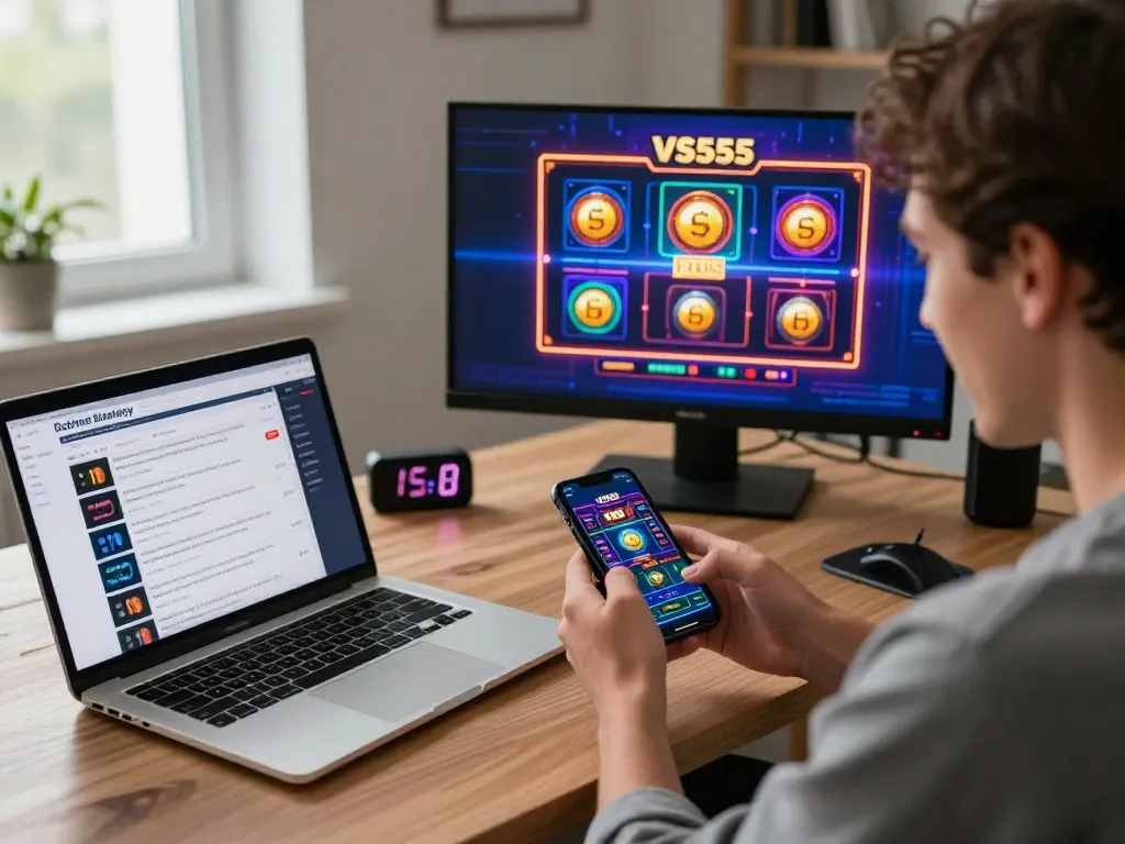 Exciting gameplay on the VS555 Casino app while managing bankroll in a cozy home office.