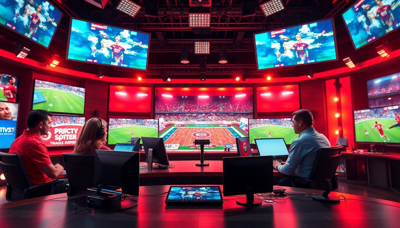 Engaging scene of Sports Broadcasting with dynamic commentators and high-energy studio settings.