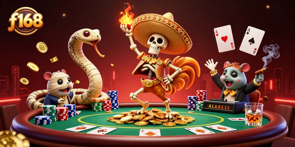 Experience dynamic gaming action with f168's energetic casino scene featuring vibrant characters and poker elements.