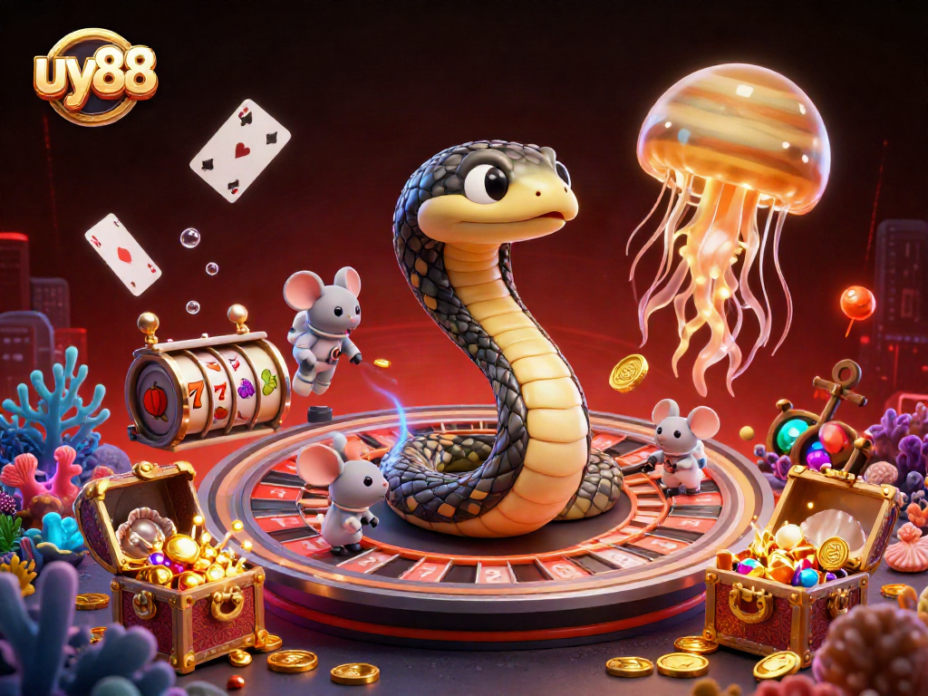 Engage in exciting bets with uy88 in a vibrant cosmic casino environment full of whimsical characters.