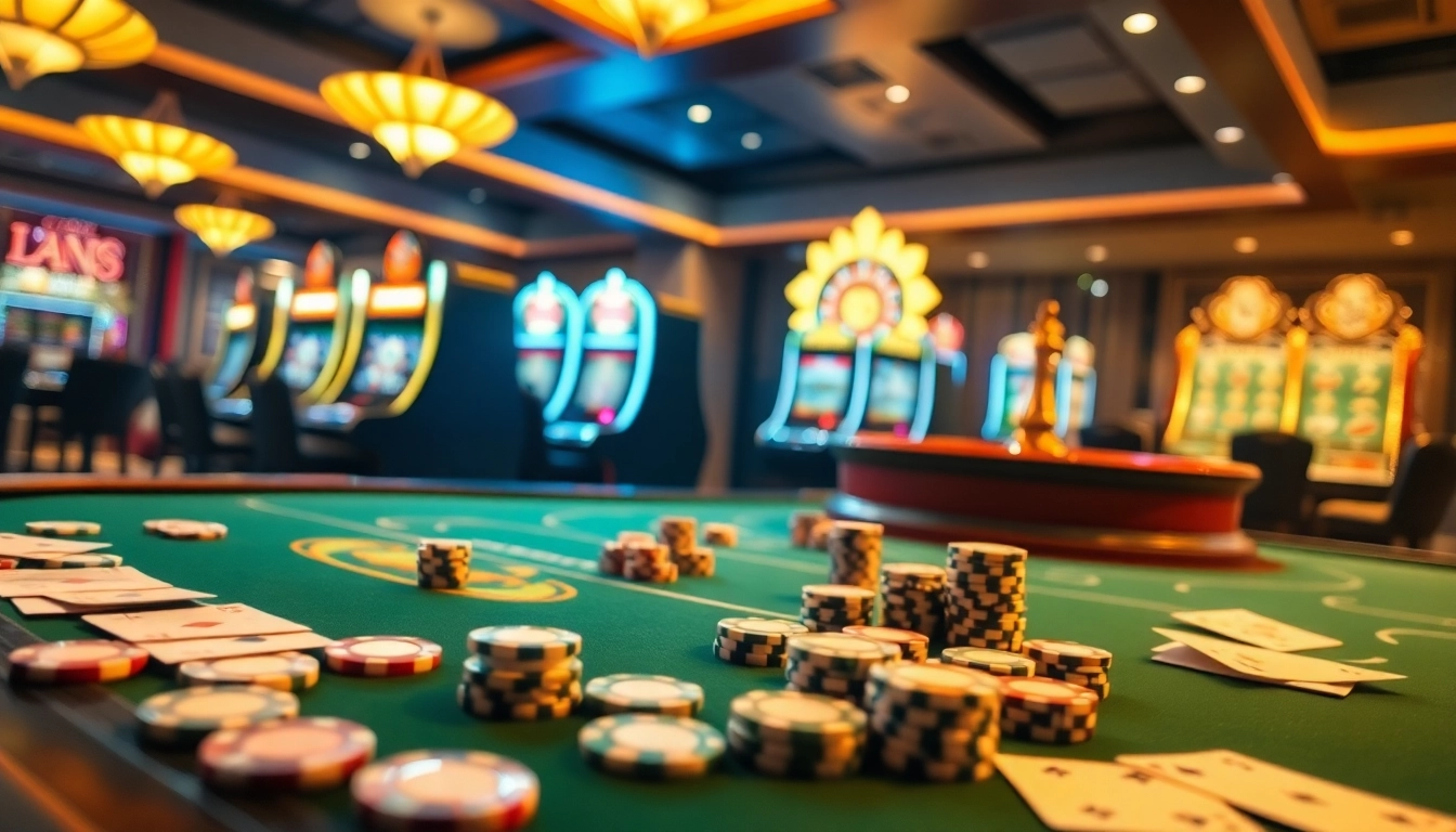 lu88 casino scene featuring thrilling poker game with vibrant roulette wheel and exciting slot machines