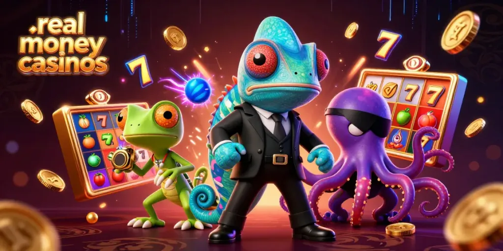 Experience real money casinos with vibrant slot games and dynamic character action in a cinematic scene.