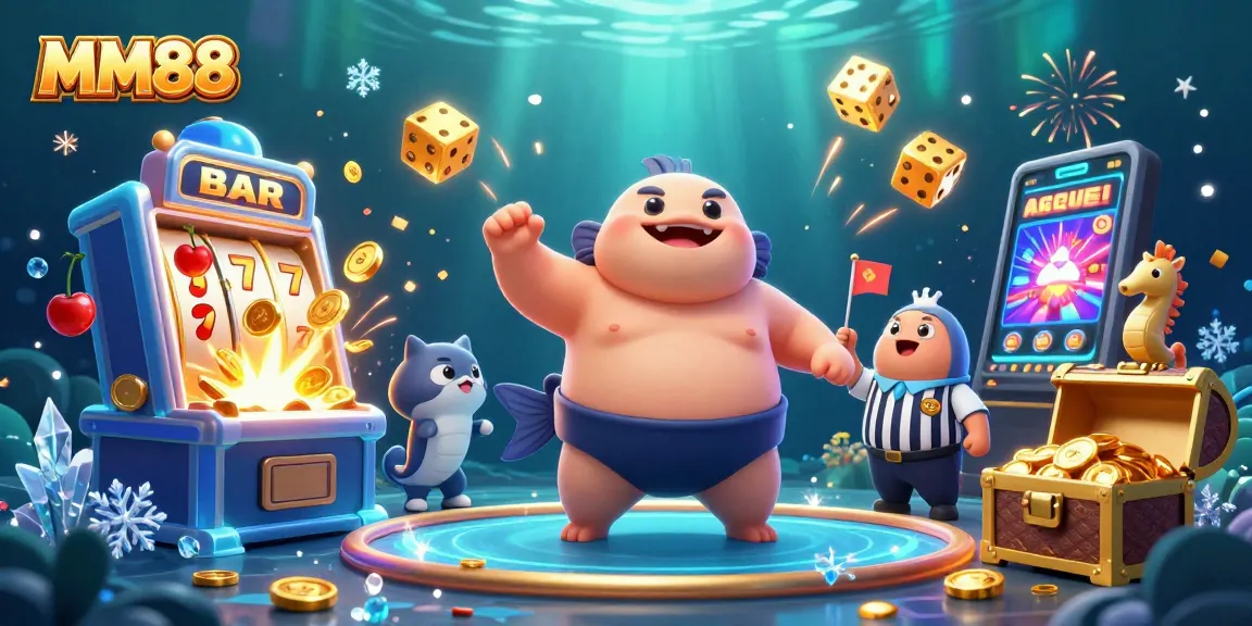 Experience the joy of MM88 with an exciting underwater gambling scene featuring unique characters and vibrant casino elements.