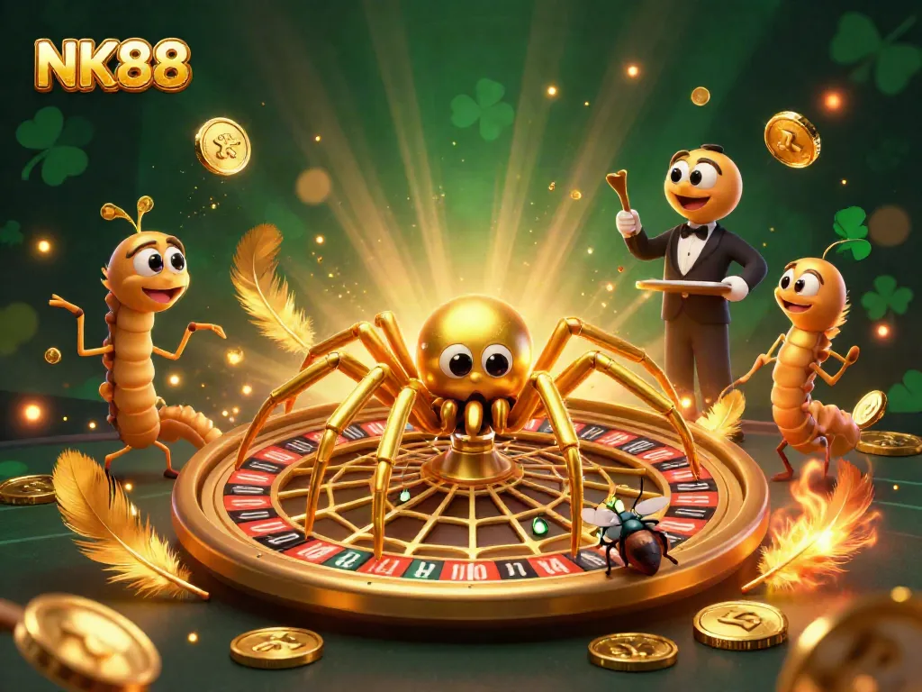 Bet with NK88 as a golden spider spins an ornate roulette-themed web in a vibrant casino scene.